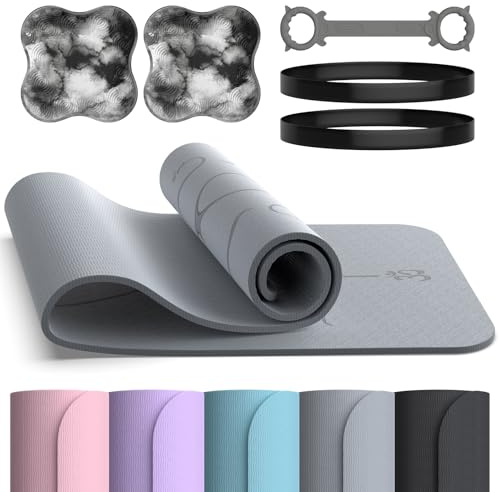 Soontrans Yoga Matte 183x68CM, Yogamatte Rutschfest 8 mm Dicke, TPE, Gymnastikmatte mit Widerstandsbänder, Kniekissen, Expander, Pilates Matte Sportmatte Fitnessmatte Trainingsmatte(grau)