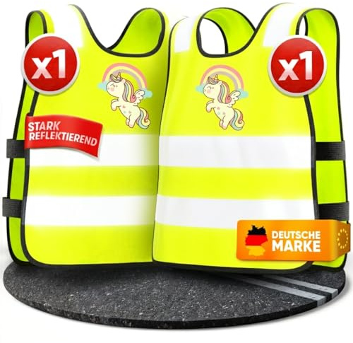 PURAHELP® Warnweste Kinder (3-12 Jahre) Sicherheitsweste [2 Stück] | [Einhorn] für den Schulweg, Fahrrad, Kindergarten - Reflektierende Warnweste Gelb