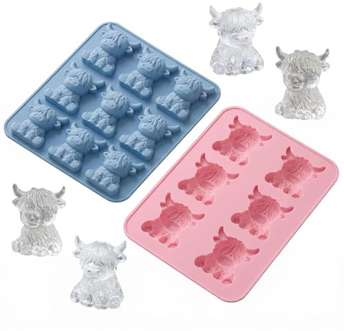 2 Pack Mini Highland Cow Ice Cube Tray 3D Cute Silicone Highland Cow Ice Cube Mold with 6 Cavities, BPA-Free Flexible Mold for Whiskey Cocktails Chocolate Candy Jelly Homemade Treats (Pink+Blue)