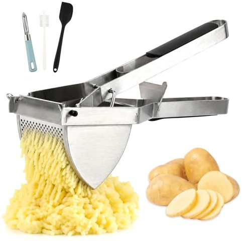 Kartoffelstampfer Edelstahl Set – Kartoffelpresse mit 650ml Fassungsvermögen, inkl. Schäler, Reinigungsbürste & Silikonspatel
