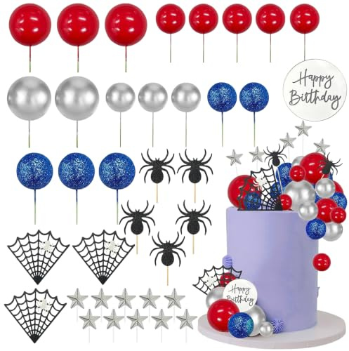 37 PCS Spinne Kuchen Topper,Spinnen‑Netz Kuchenaufsatz mit Glitzer, Spinn‑Thema Tortendeko mit Happy‑Birthday‑Aufsatz für Geburtstagsfeiern(blau)