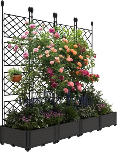 GarveeLife Stabiles Hochbeet-Set mit Rankgitter & Sichtschutz – Vertikaler Pflanzkasten für Kletterpflanzen, Gemüse & Blumen – Wetterfest, ideal für Balkon, Terrasse, Garten – Verstärktes Gerüst – 4