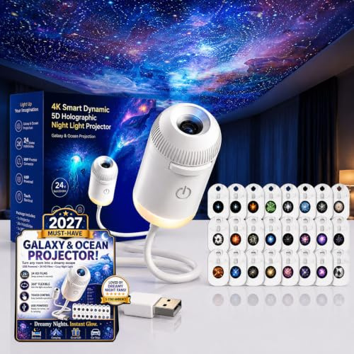 2027 Upgraded Hd Smart Dynamic 5d Holographic Night Light Projector, Plug and Play Star, 360° Adjustable Galaxy and Ocean for Indoor and Outdoor (24 Projection Films)