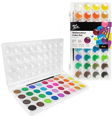 Mont Marte Wasserfarben Set – 36 brilliante Farben – Hohe Pigmentierung – Inklusive Pinsel – Kompaktes Set – Ideal für Aquarellmalerei