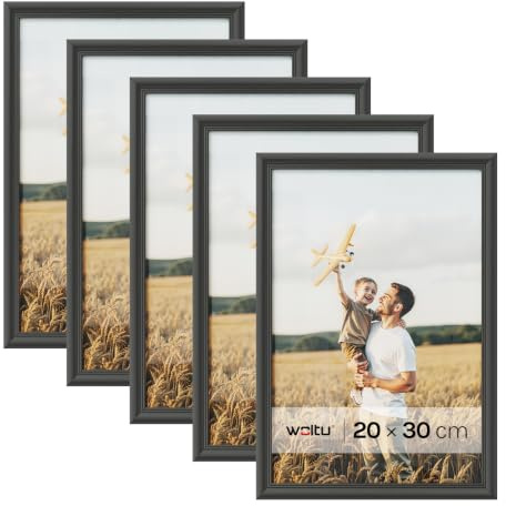 WOLTU Bilderrahmen 20x30, 5er set, Massivholz Fotorahmen mit Passepartout | Schwarz, Front aus PS-Platte, Posterrahmen zum vertikalen oder horizontalen Aufhängen und Aufstellen, Collage Wanddeko