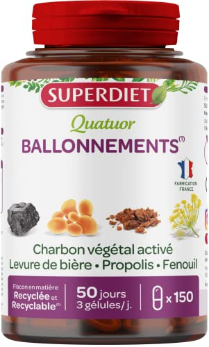 Ballonnements, Confort digestif - Charbon végétal activé, fenouil - Gélules | Cure de 50 jours - 150 gélules- Levure de bière, Propolis - Bien-être digestif - Vegan - Fabrication Française - Superdiet