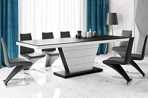 Furniture24 Design Esstisch Vega ausziehbar 160-256 cm Supermatt Acryl Tisch Küchentisch Wohnzimmertisch Saülentisch (Schwarz Supermatt/Weiß Hochglanz/Schwarz Supermatt)