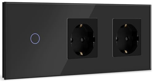 BSEED Touch Lichtschalter mit Steckdosen 1 Fach 1 Weg Wandschalter mit doppelten Steckdosen Unterputz Touchscreen-schalter mit Glasrahmen 228mm Schwarz