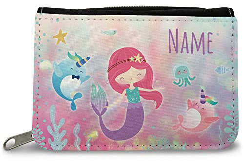 GRAVURZEILE Bedruckte Geldbörse - Meerjungfrau Design - Personalisiert mit Name - Geschenk für Kinder & Teenager für Taschengeld Fahrkarte - für Jungen Mädchen Schüler zum Geburtstag Einschulung