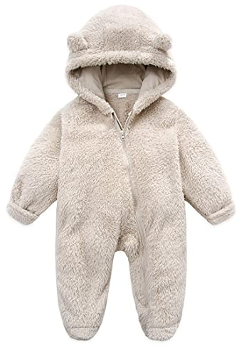 Unisex Infant Baby Snowsuit Cute Cartoon Bear Jumpsuit Fleece Romper Suits Thin Coat Outfit Suit for Newborn Baby Boy Girl 0-12Months (9-12M, Beige)