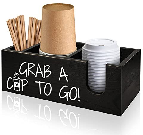 MISTOD Coffee Station Organizer for Cup and lid Storage Box, Farmhouse Wood Coffee Bar Accessories Disposable Cup Holder for Counter Decor - Black