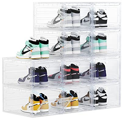 OMOPIN Transparente Kunststoff-Schuhboxen, stapelbar, 10 Stück, Schuh-Aufbewahrungsbox, Sneaker-Aufbewahrungsbox, Schuhbehälter für Größe 47 (transparent, 10 Stück)