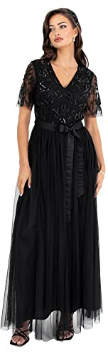Maya Deluxe Damen Womens Maxi Dress Ladies Ball Gown for Wedding Guest Embellished Tie Waist V Neck Bridesmaid Prom Evening Occasion Kleid, Black,