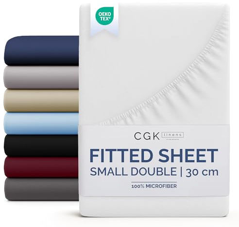 Small Double Fitted Bed Sheet 120x190x30cm - Deep Fitted Sheet for Mattresses up to 30 cm (12) - Soft Brushed Microfiber - Wrinkle, Shrinkage & Fade Resistant - OEKO-TEX - White - Bottom Sheet