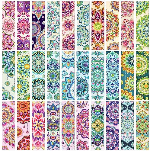 MWOOT 30Pcs Mandala Art Paper Bookmarks, Double-Sided Paper Book Reading Cards Kit, Book Accessories for Classroom Reading, Colorful Flower Bookmark Clip End of Year Gifts for Students(15 * 4cm)