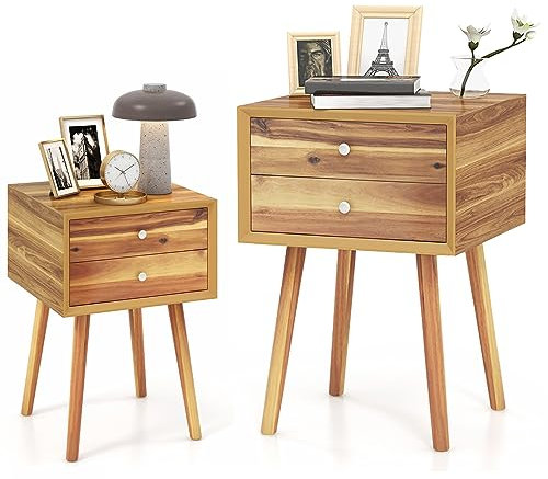 RELAX4LIFE Table de Chevet avec 2 Tiroirs, Table d'Appoint en Bois et MDF avec Pied en Bois Massif Idéal pour Chambre, Salon, Bureau, 40,5 x 40,5 x 60cm (Noyer | style2)