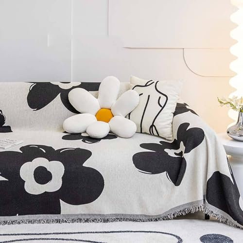 Mesnt Sofabezug 2 Sitzer, Schwarz Couchschutz für Haustiere mit Blumenmuster mit Fransen aus Chenille, 180x260cm