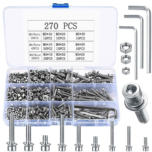 M3 M4 M5 Bolts and Nuts set, 270 Pcs Hex Socket Head Cap Screws Nuts and Bolts with Washers Kit, Hex Head Bolts Machine Screws Bolt and Nut Assortment Kit for Bicycle Motorcycle Repair