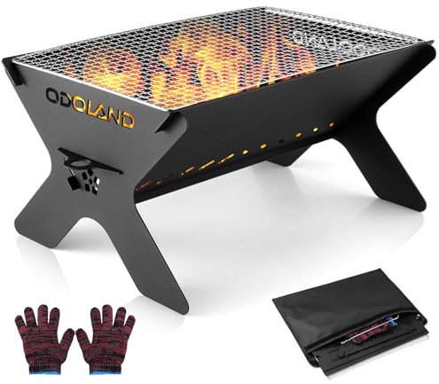 Odoland Camping Fire Pit, Portable Fire Pit for Camping, 2 in 1 Wood Burning Fire pit Grill with Detachable Cooking Grate for Outdoor BBQ, with Carry Bag Large