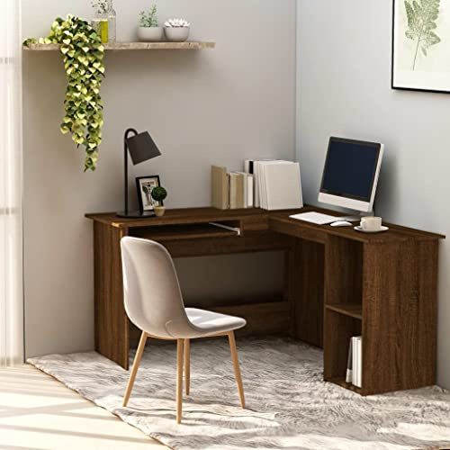 CKioict Escritorio esquinero marrón aspecto roble mesa oficina gaming escritorio escritorio ordenador adecuado para oficinas, apartamentos, espacios vacíos, 120 x 140 x 75 cm, material de madera