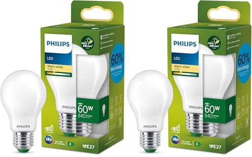 PHILIPS Ultra Efficient - Ultra Energy Saving Lights, LED Light Source, 60W, A60, E27, Warm White 2700 Kelvin, Frosted (Pack of 2)