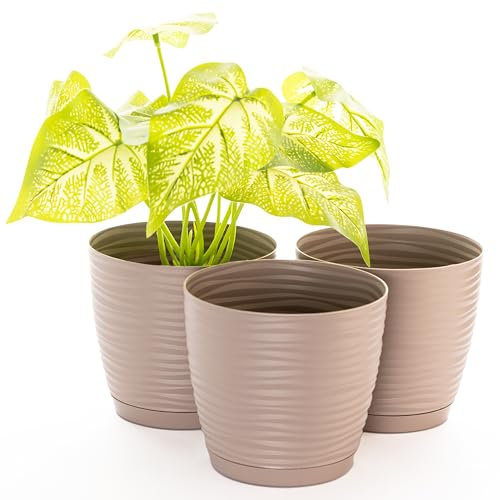 Home Garden Ornaments Pflanzentopf für Zimmerpflanzen – 3er Set Blumentöpfe aus Kunststoff mit Wellenstruktur, Drainagelöchern & integriertem Untersetzer – für Innen & Außenbereich (15 cm, Taupe)