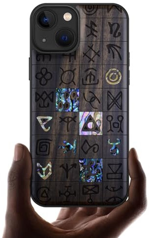 Carveit Coque Magnétique pour iPhone 13 Étui de TPU, Gravure en Bois et Incrustation de Coquille Cover Compatible Magsafe avec 13 Coque (Bois Sombre-Runes mystiques)