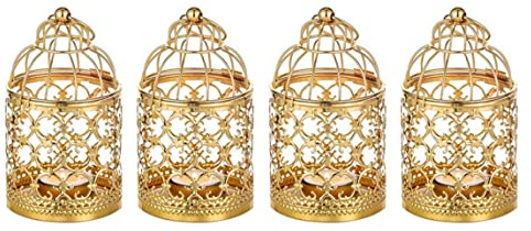 4 Stück kleine Teelicht-Hänge-Vogelkäfig-Laternen, goldene Laternen für Kerzen, dekorative Vintage-Mittelstücke für Hochzeit und Party, Teelichthalter, Weihnachtskerzenhalter, Dekorationen