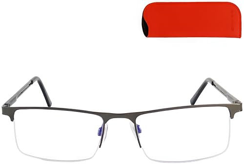 Metall Halbrand unten Gaming Brille ohne Sehstärke mit rechteckigen Gläsern mit Etui, Edelstahl Brillengestell (Graphit), Brille, Blaulichtfilter Brille Gamer Herren und Damen