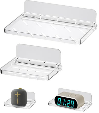 jinminamz Rangement Douche Sans Percage,Etagere Murale Sans Percage 2 Pièces,éTagèRe Murale Sans Percer Pliable Tablette Douche,Transparent