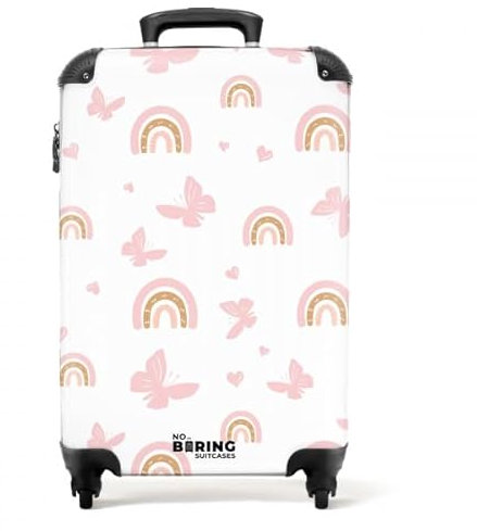 NoBoringSuitcases.com Kinderkoffer Mädchen, Koffer Kinder Mädchen, Reisekoffer Mit Rollen, Kindertrolley, Koffer Mädchen, Handgepäck Koffer 55x40x20 cm (Rosa Regenbögen, Schmetterlinge - Weiß)