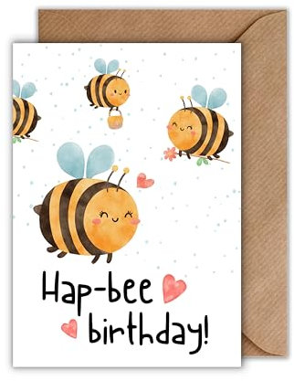 WBdesignz Geburtstag Karte mit Umschlag - Geburtstagskarte “Hap-bee birthday” Bienen Herzen Wortspiel Glückwunschkarte Geschenkkarte zum Geburtstag Geburtstagsgruß (DIN A6)