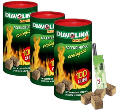 Diavolina Accendifuoco Ecologico 100pz, Accensione Istantanea Naturale Pratica Sicura per Camino, Stufa, Legna, Barbecue con Accendino GM (3 CF + accendino)