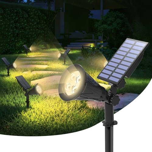 T-SUN Faretti LED Solari, Regolabile Lampada Solare da Esterno IP65 Impermeabile con 4 LED Avanzati, 2 Modalità Funzione, Bianco Naturale 4000K, Luci Solari per Giardino, Cortile, Backyards, Prato
