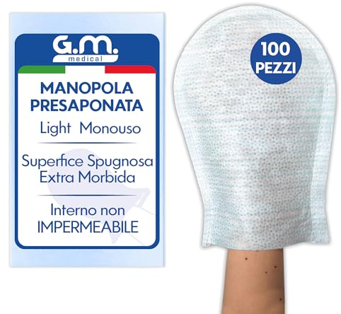 GM 100 Manopole Saponate Light Monouso di Alta Qualità con Soffice Spugna Esterna, Delicatamente Profumati, Senza Risciacquo, Spugne per Anziani Monouso