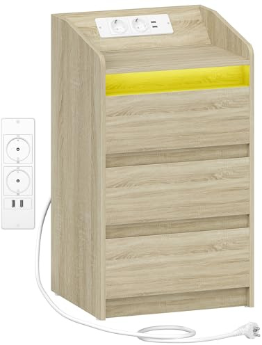 Hzuaneri Nachttisch mit 3 Schubladen, Beistelltisch | mit Ladestation und LED, 2 AC-Steckdosenund 2 USB-Anschlüsse für Schlafzimmer, Wohnzimmer, Eiche NS40016X