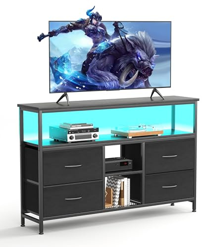 MUTUN TV Schrank mit LED-Beleuchtung, Lowboard für Fernseher mit 4 Stoffschubladen,V-Board und Fernsehtisch, vielseitiger Fernsehschrank für Wohnzimmer und Schlafzimmer, stilvolle TV-Möbel，Schwarz