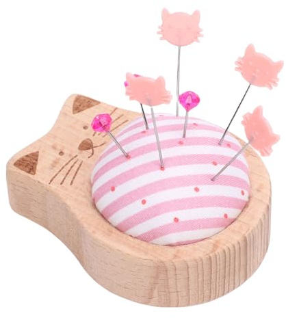 Luocute Pin Kissen Zum Nähen mit Katzenjuwelenkopfstiften Holzbasis Pink Streifen Muster Nadeln Halter für Quilt Crafts Patchwork Dekor