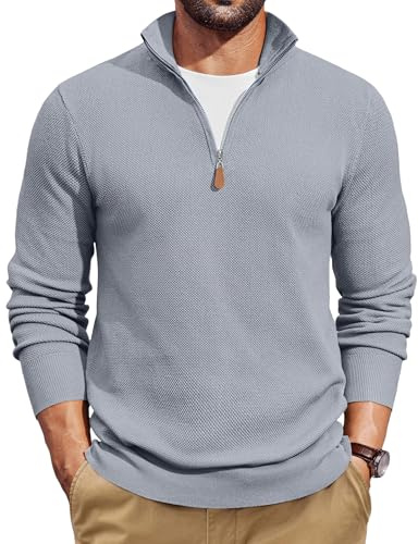 COOFANDY Herren Rollkragenpullover mit Reißverschluss Pullover mit Stehkragen Troyer 1/4 Zip Pullover Feinstrickpullover Hellgrau XL