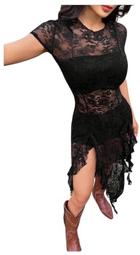 SHENHE Women's Y2k Sheer Lace Slit Ruffle Fringe Country Concert Mini Dress | Lace Mini Dress,High Slit Dress,Party Club Outfit,Cowgirl Style Dress, Black, Medium