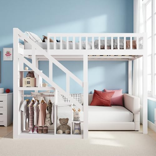 KRYZOR Hochbett 140 x 200 cm, Etagenbett für Kinder, Spielbett mit Treppe und Aufbewahrungsschrank, Kinderbett Einzelbett mit Fallschutz und Zäunen, Jugendhochbett mit Lattenrost, Weiß (Weiß-140x200)