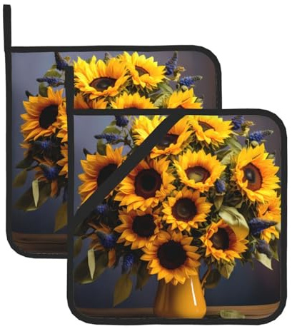 Presine quadrate resistenti al calore con stampa di bouquet di girasoli (set da due), 20,3 x 20,3 cm, tessuti di qualità, anti-scottatura e facili da pulire