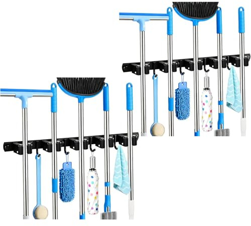 Nexellent Besenhalterung Wand-Wandregal aus Edelstahl 304 mit 5 Besenclips + 4 Haken. Doppelte Montage (Kleben/Bohren) für Küche, Garten u.v.m. Schafft sofort Ordnung!