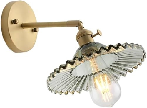 Aplique de Pared Vintage Ajustable con Base E26/E27, lámpara Retro con Pantalla de Vidrio Festoneado Acanalado, Acabado en latón Cepillado, Ideal para Dormitorio, Sala de Estar, rincón de Lectura