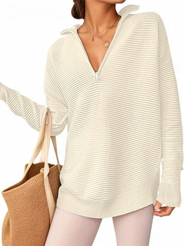 Oyamiki Sweatshirts for Women UK Casual Zip Ribbed Knit Long Jumpers Fall Loose Fit V Neck Collared Sweaters Plus Size Apricot XL