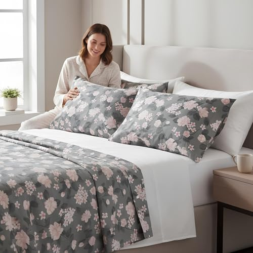 Bifulco x Rebecca Home Completo Lenzuola Matrimoniale Invernale in Flanella di Cotone 100% – Set 4 Pezzi Fantasia Floreale (Grigio)