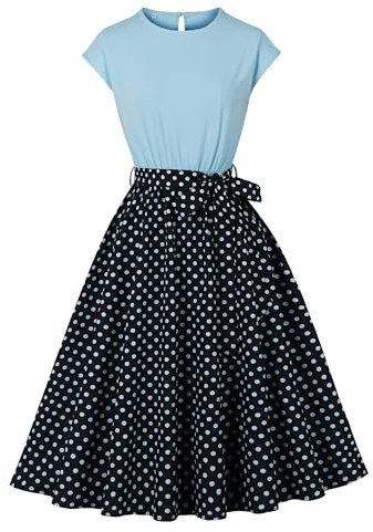 Wellwits Women's Cap Sleeves Color Block Polka Dots Vintage Dress