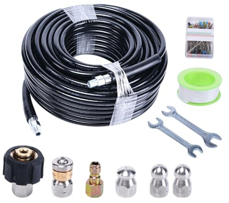 Rohrreinigungsschlauch 15m mit M22 Adapter, Düsen starr + Rotierend, Universal Rohrreinigungsset kompatibel mit Kärcher K2 K3 K4 K5 K6 K7 Hochdruckreiniger Hochdruckschlauch