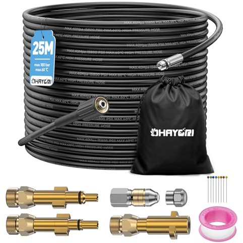 25M Sonda Sturatubi per Idropulitrice Karcher K2-K7, HD, HDS, Lavor, Bosch | 180Bar, 2 Ugelli: Fisso e Rotante, 3 Adattatori in Rame Resistenti all'Usura, per Karcher K2/K3/K4/K5/K6/K7 HD HDS e Parkside