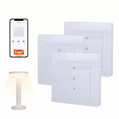 Swokely Paquete de 3 Interruptores Inteligentes, Interruptor de Luz WiFi, Aplicación TY, Control Remoto, Cable Neutro, Cortina Inteligente 3 Bandas, Pantalla LED Cristal Táctil